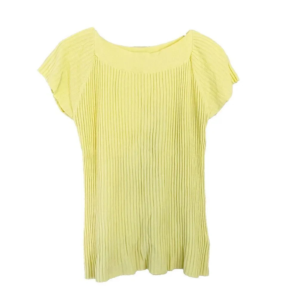 Vtg 90s Y2K Mistic Womens Yellow Blouse Large Ribbed Knit Short Sleeve Dolman